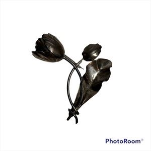 925 Silver 3D Tulips Brooch Made In Mexico Vintage Flowers